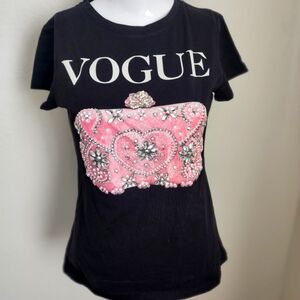 Vogue Black T-Shirt with Pink Embellished Design